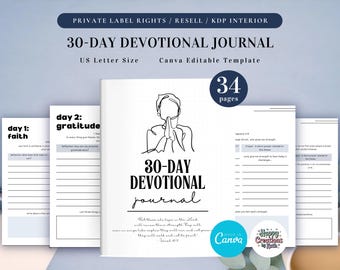PLR 30-Day Themed Devotional Journal for Commercial Use, Printable and Editable Template, Prayer Journal, Bible Journal, Scripture