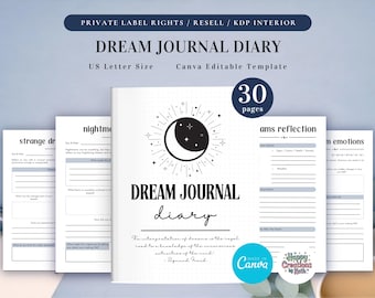 Diario de sueños PLR para uso comercial: plantilla imprimible y editable, rastreador de sueños, interpretación de sueños, diario de reflexión.