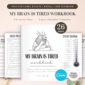 PLR My Brain is Tired Workbook for Commercial Use, Printable and Editable Template, Mental Burnout Worksheets, Mind Detox