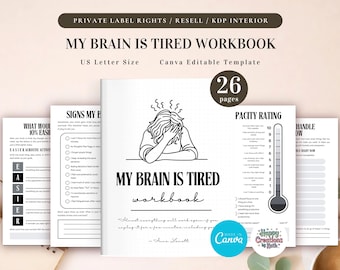 PLR My Brain is Tired Workbook for Commercial Use, Printable and Editable Template, Mental Burnout Worksheets, Mind Detox