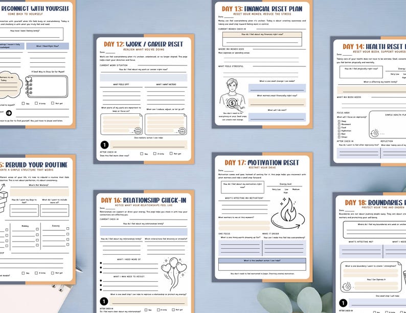 Op de afbeelding: Een verzameling afdrukbare journaalpagina's met prompts voor zelfreflectie en het stellen van doelen. De pagina's bevatten titels als "Reconnect With Yourself", "Work/Career Reset" en "Financial Reset Plan". Het ontwerp bevat een mix van tekst en eenvoudige illustraties.