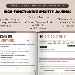 May include: Open journal with the title "HIGH-FUNCTIONING ANXIETY JOURNAL" and prompts for cognitive reframing and reflection. The journal includes sections for anxiety level, daily cues, and evening reflections. The text "PRIVATE LABEL RIGHTS / RESELL / KDP INTERIOR" is at the top.