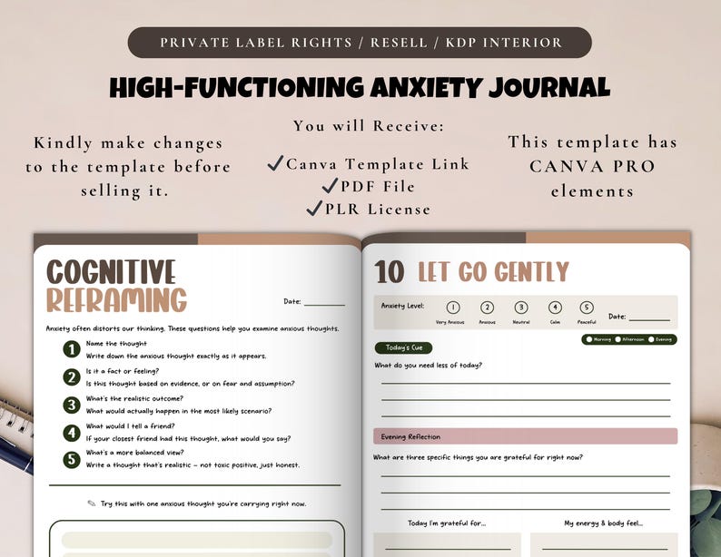 May include: Open journal with the title "HIGH-FUNCTIONING ANXIETY JOURNAL" and prompts for cognitive reframing and reflection. The journal includes sections for anxiety level, daily cues, and evening reflections. The text "PRIVATE LABEL RIGHTS / RESELL / KDP INTERIOR" is at the top.