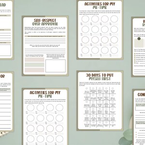 May include: A collection of self-care and planning journal pages with headings like "Plan a Day Ahead," "Self-Respect Over Approval," and "Activities for Me-Time." The pages have a neutral color palette with text and circular check boxes.