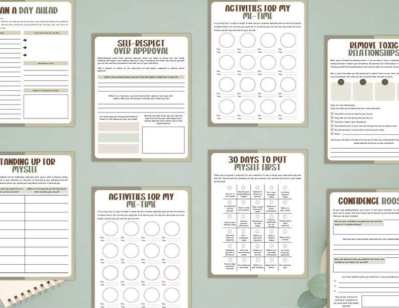 May include: A collection of self-care and planning journal pages with headings like "Plan a Day Ahead," "Self-Respect Over Approval," and "Activities for Me-Time." The pages have a neutral color palette with text and circular check boxes.