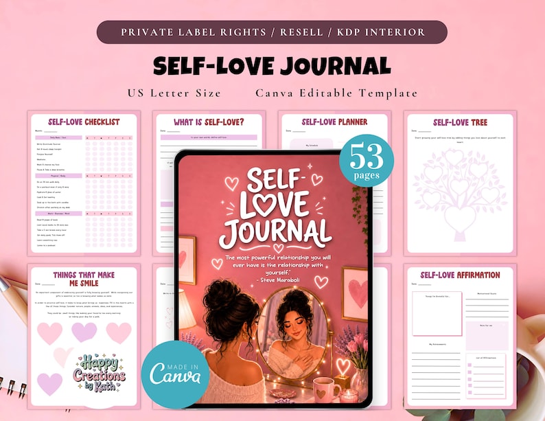 May include: A pink and white self-love journal template with the text "SELF-LOVE JOURNAL" and "US Letter Size". The journal includes pages for self-love checklists, affirmations, and planning. The cover features a woman looking in a mirror.