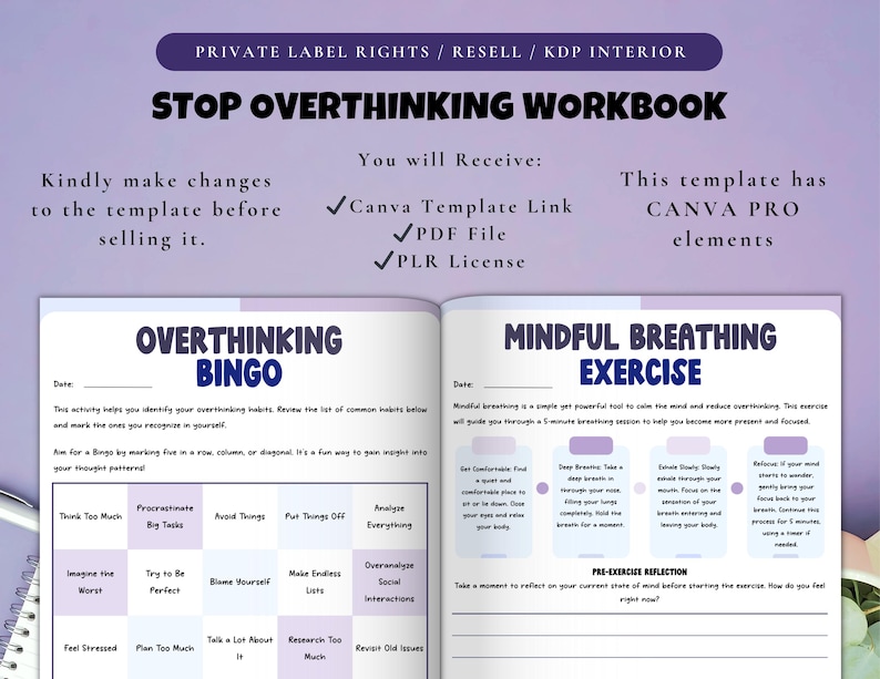 PLR / Resell Stop Overthinking Workbook, Printable and Editable Template, Declutter Your Mind, Anxiety Workbook, Mental Health Journal image 2