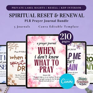 Puede incluir: Un paquete digital de cinco diarios de oración, titulado "Spiritual Reset & Renewal". Los diarios presentan diseños florales y botánicos, con títulos como "When I Don't Know What to Pray". El paquete incluye 210 páginas y es una plantilla editable de Canva.