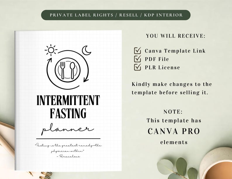 PLR Intermittent Fasting Planner for Commercial Use, Printable and Editable Template, Intermittent Fasting Tracker, IF Planner
