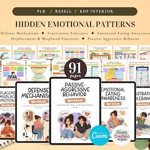 May include: A 91-page digital workbook set titled Hidden Emotional Patterns, featuring various workbooks on topics like passive-aggressive behavior, defense mechanisms, and emotional eating awareness, with illustrated covers and internal worksheets.