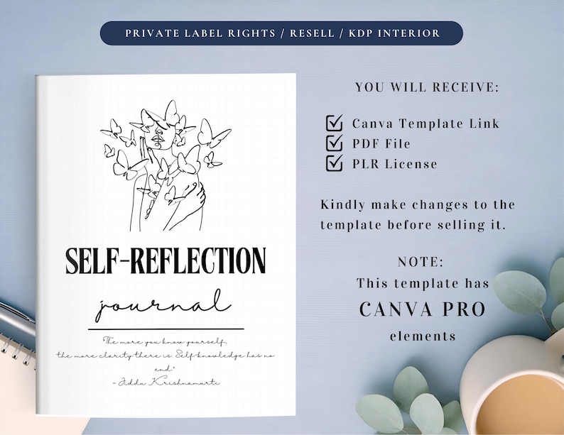 PLR Self-Reflection Journal for Commercial Use, Printable and Editable Template, Daily Mindfulness Journal, Self-Growth Journal