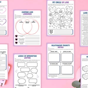May include: A collection of printable relationship workbooks with various prompts and exercises. The pages feature titles like "When Our Styles Don't Match," "Compare Love Languages," and "My Circle of Love." The workbooks are designed with a pink and purple color scheme.