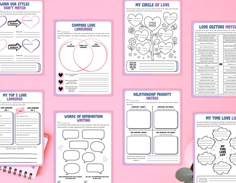 May include: A collection of printable relationship workbooks with various prompts and exercises. The pages feature titles like "When Our Styles Don't Match," "Compare Love Languages," and "My Circle of Love." The workbooks are designed with a pink and purple color scheme.