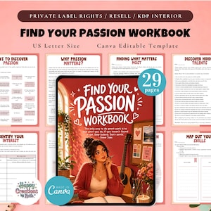 Könnte beinhalten: Ein digitales Arbeitsbuch mit dem Titel "Find Your Passion Workbook" mit einem roten Einband, der eine Frau und den Text "Find Your Passion Workbook" zeigt. Das Arbeitsbuch enthält Seiten mit Aufforderungen und Übungen. Das Bild enthält auch den Text "US Letter Size" und "Canva Editable Template".
