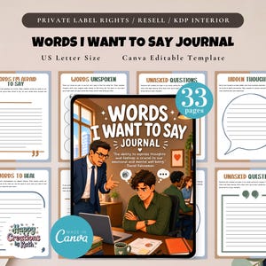 Puede incluir: Un diario digital titulado "Words I Want to Say Journal" con una plantilla editable de Canva. La portada presenta una ilustración de dos hombres en un entorno de oficina. El diario incluye 33 páginas y es tamaño US Letter.