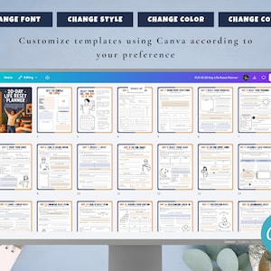 Op de afbeelding: Een computerscherm toont een Canva-sjabloon voor een 20-daagse Life Reset Planner. Het scherm toont verschillende pagina's met tekst en illustraties. De bovenkant van het scherm heeft opties om lettertype, stijl, kleur en omslag te wijzigen. De tekst "Pas sjablonen aan met Canva op basis van uw voorkeur" is ook zichtbaar.