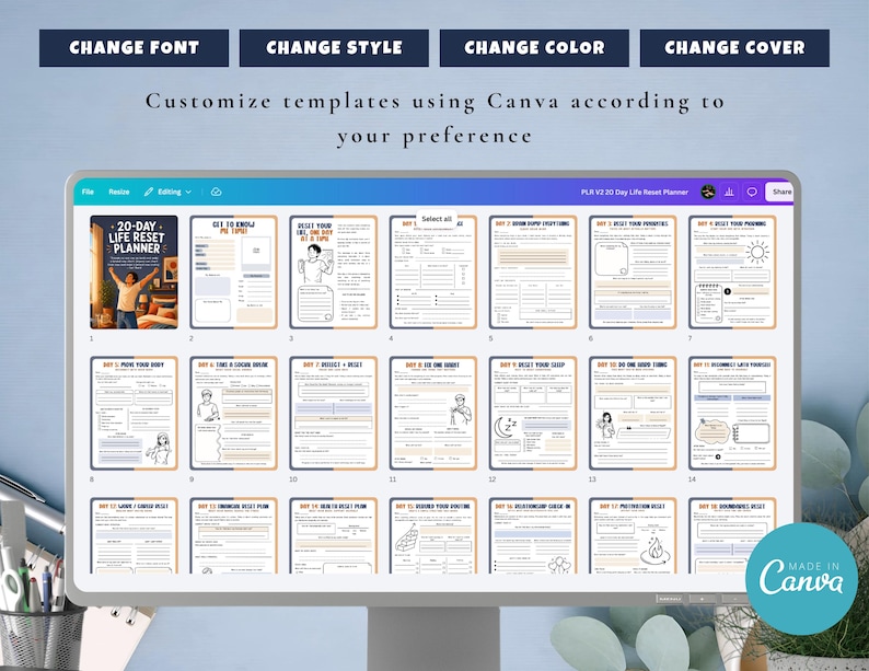 Op de afbeelding: Een computerscherm toont een Canva-sjabloon voor een 20-daagse Life Reset Planner. Het scherm toont verschillende pagina's met tekst en illustraties. De bovenkant van het scherm heeft opties om lettertype, stijl, kleur en omslag te wijzigen. De tekst "Pas sjablonen aan met Canva op basis van uw voorkeur" is ook zichtbaar.