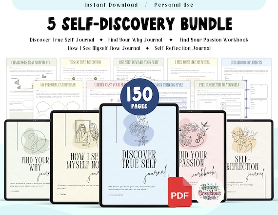 5 Self-Discovery Journal Bundle for Personal Use | PDF Printable and Digital Use | Find Your Passion, Discover True Self, Find Your Why