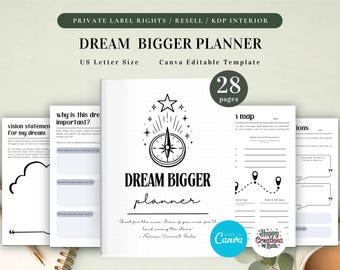 Planer PLR Dream Bigger do użytku komercyjnego, szablon do druku i edycji, planer wymarzonego życia, planer celów, planer wizji