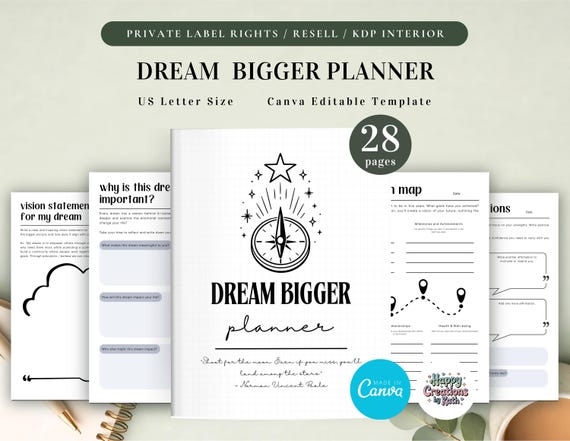 PLR Dream Bigger Planner for Commercial Use, Printable and Editable Template, Dream Life Planner, Goal Planner, Vision Planner