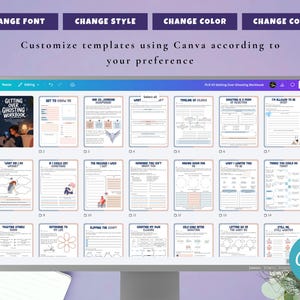 Puede incluir: Un monitor de ordenador muestra un cuaderno de trabajo digital titulado "Getting Over Ghosting Workbook". La pantalla muestra p&aacute;ginas de plantillas con indicaciones y ejercicios. El texto "Customize templates using Canva according to your preference" es visible en la parte superior.