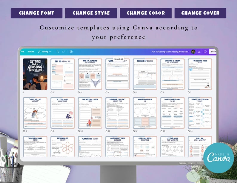 Puede incluir: Un monitor de ordenador muestra un cuaderno de trabajo digital titulado "Getting Over Ghosting Workbook". La pantalla muestra p&aacute;ginas de plantillas con indicaciones y ejercicios. El texto "Customize templates using Canva according to your preference" es visible en la parte superior.