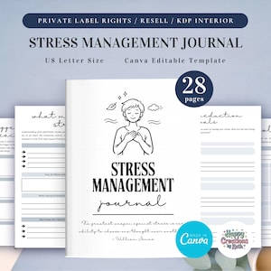Diario de gestión del estrés con derechos de reventa (PLR) para uso comercial, plantilla imprimible y editable, regulación emocional, alivio del estrés.
