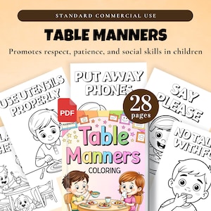 Table Manners Coloring Pages | Commercial Use | 28-Page PDF | Fun Educational Dining Etiquette Coloring | Table Rules, Polite Behavior