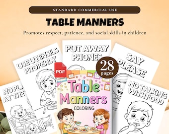 Pagine da colorare sulle buone maniere a tavola / Uso commerciale / PDF da 28 pagine / Colorazione divertente ed educativa sull'etichetta a tavola / Regole del tavolo, comportamento educato