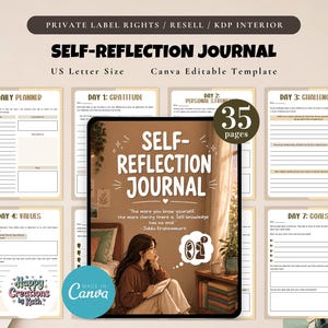 May include: A digital self-reflection journal template with a beige and brown color scheme. The journal includes daily planner pages, gratitude prompts, and goal-setting sections. The cover features the title "Self-Reflection Journal" and a quote.