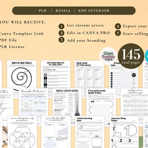 May include: A collection of printable templates for self-care and personal development. The image includes various worksheets, checklists, and guides, with the text "PLR / RESELL / KDP INTERIOR" at the top. The templates are designed to be edited in Canva.