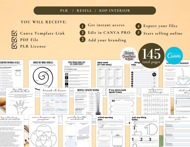 May include: A collection of printable templates for self-care and personal development. The image includes various worksheets, checklists, and guides, with the text "PLR / RESELL / KDP INTERIOR" at the top. The templates are designed to be edited in Canva.