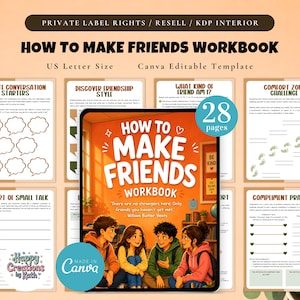 Może przedstawiać: Podręcznik zatytułowany "How to Make Friends" z kolorową ilustracją młodych ludzi na okładce. Podręcznik zawiera strony do rozpoczynania rozmów, stylów przyjaźni i ćwiczenia komplementów. Widoczny jest również tekst "US Letter Size" i "Canva Editable Template".