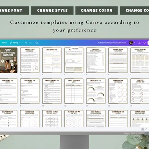 May include: A computer monitor displays a workbook titled "STOP PEOPLE-PLEASING WORKBOOK." The screen shows various template pages with text and graphics. Above the screen are text prompts: "CHANGE FONT," "CHANGE STYLE," "CHANGE COLOR," and "CHANGE COVER."