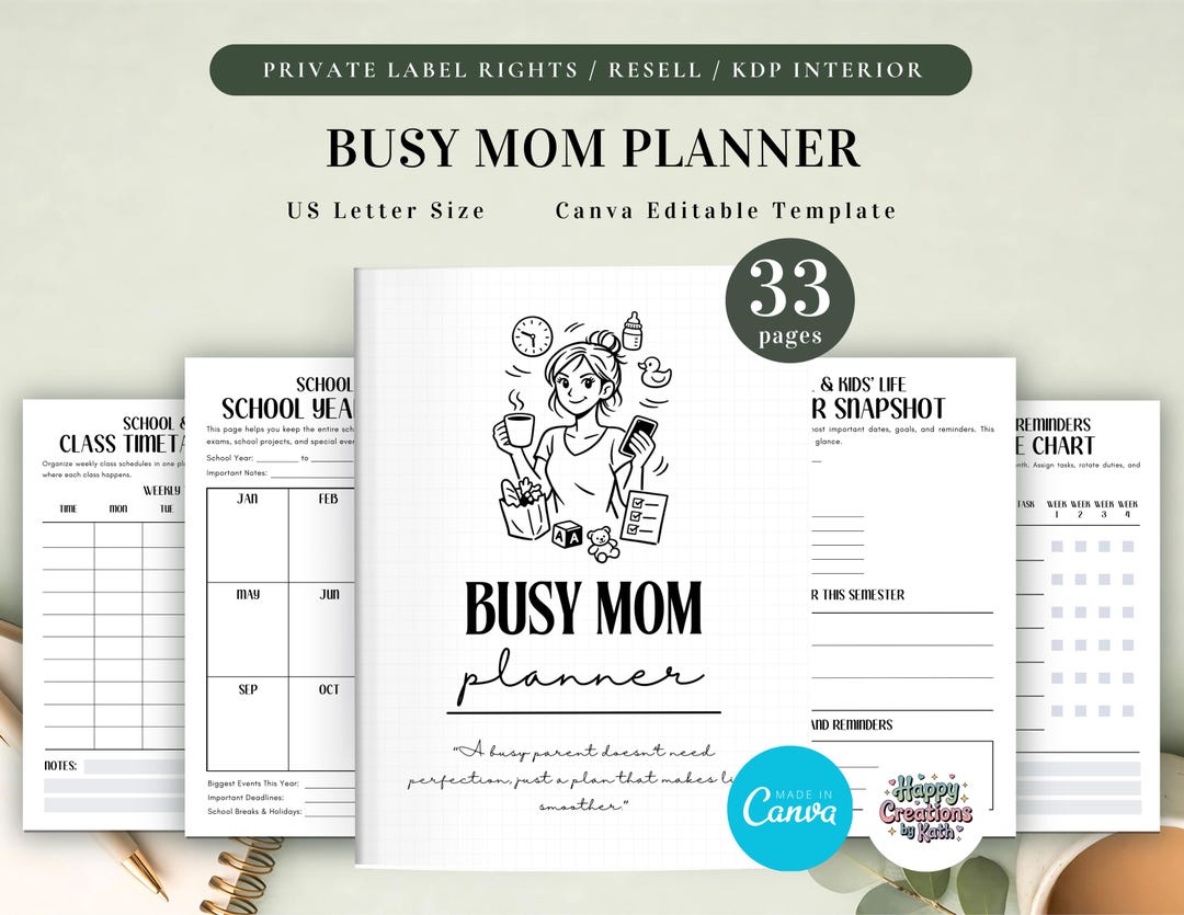 PLR Busy Mom Planner for Commercial Use, Printable and Canva Editable ...
