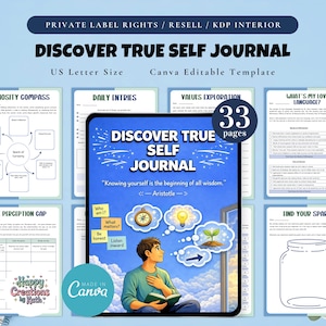 May include: A digital journal titled "Discover True Self Journal" with a blue cover and illustrations. The journal includes pages for daily entries, values exploration, and self-discovery prompts. The journal is US Letter size and Canva editable.