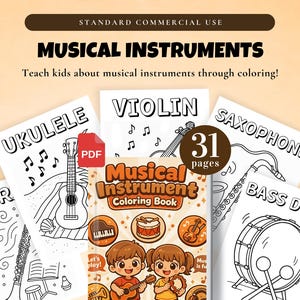 Kleurplaten muziekinstrumenten | Commercieel gebruik | 31-pagina's tellende pdf-muziekactiviteit voor kinderen, instrumenten leren inkleuren