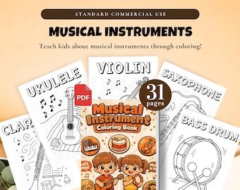 Páginas para colorear de instrumentos musicales / Uso comercial / Actividad musical de 31 páginas en PDF para niños, aprende a colorear instrumentos
