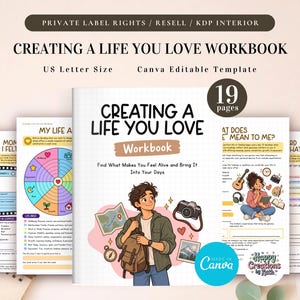 May include: A 19-page workbook titled Creating a Life You Love, featuring a US Letter size Canva editable template. The cover displays a person with a backpack and camera, surrounded by internal pages showing life wheels and reflective prompts.