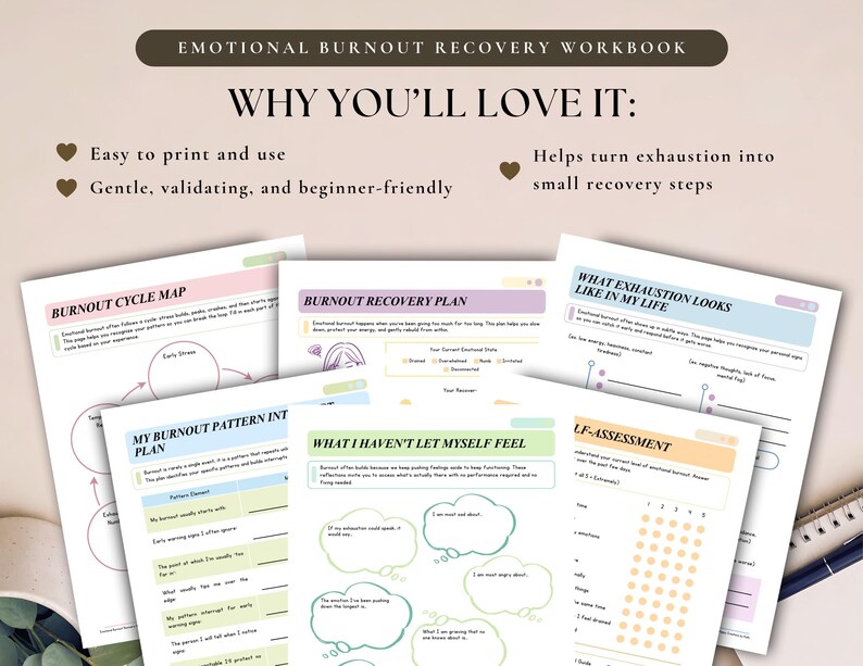 May include: An emotional burnout recovery workbook featuring multiple printed pages with headings like Burnout Cycle Map, Burnout Recovery Plan, and What Exhaustion Looks Like In My Life. The pages include fillable sections, checklists, and thought bubbles.