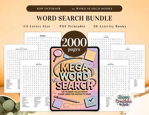 Word Search 2000+ Pages Bundle Printable Puzzle Game with Solution for Kids, Adult, Seasons, Christmas, Halloween, Thanksgiving Holidays PDF