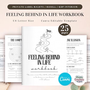 Op de afbeelding: Een werkboek getiteld "Feeling Behind in Life" met een zwart-wit omslagontwerp. De omslag toont een kronkelende weg met stokfiguren en een vlag. Het werkboek is US Letter formaat en heeft 25 pagina's.