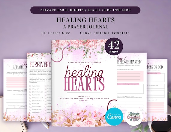 PLR Healing Hearts Journal for Commercial Use, Printable and Canva Editable Template, Forgiveness Journal, Healing Journal, Bible Journal