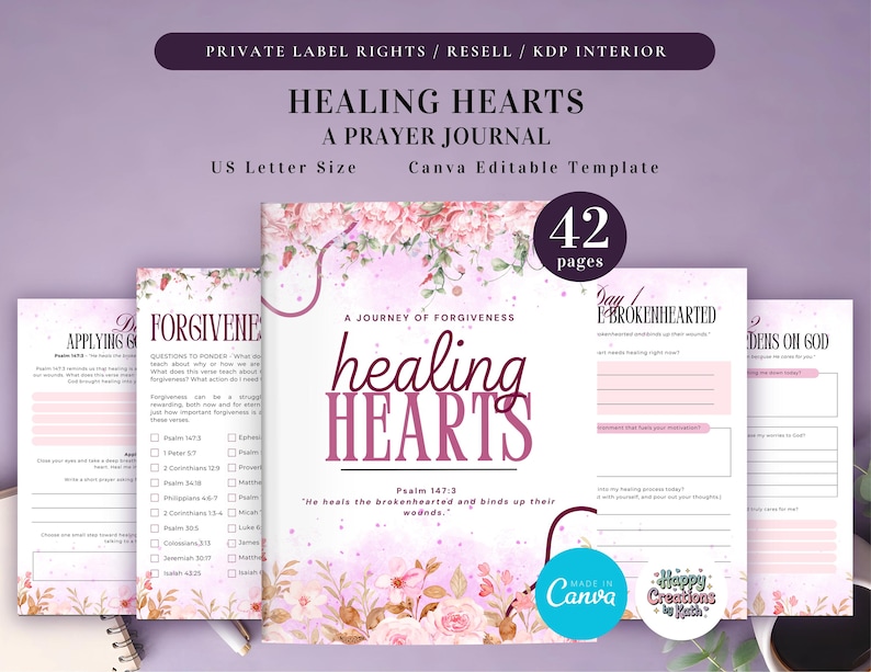 PLR Healing Hearts Journal for Commercial Use, Printable and Canva Editable Template, Forgiveness Journal, Healing Journal, Bible Journal