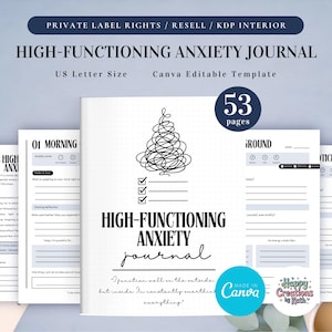 Puede incluir: Un diario blanco titulado "High-Functioning Anxiety Journal" con el texto "US Letter Size" y "Canva Editable Template". El diario tiene 53 páginas e incluye secciones para reflexiones matutinas y vespertinas. La portada presenta un diseño de línea.