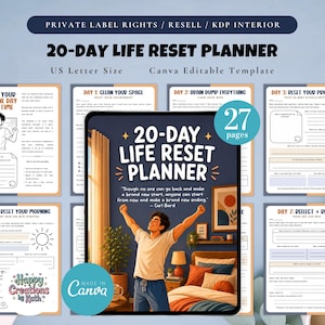 Op de afbeelding: Een 20-daagse Life Reset Planner in US Letter Size. De bewerkbare Canva-sjabloon bevat 27 pagina's met prompts voor dagelijkse reflectie en doelstellingen. De omslag toont een persoon met opgeheven armen, met de tekst "20-DAY LIFE RESET PLANNER".