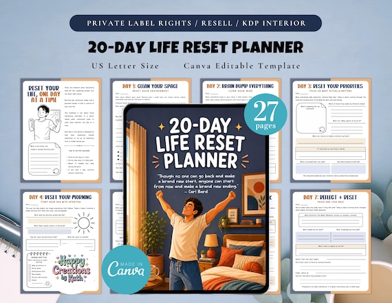 PLR / Resell 20-Day Life Reset Planner Printable and Canva Editable Template, Self-Improvement Challenge, Self-Growth Planner