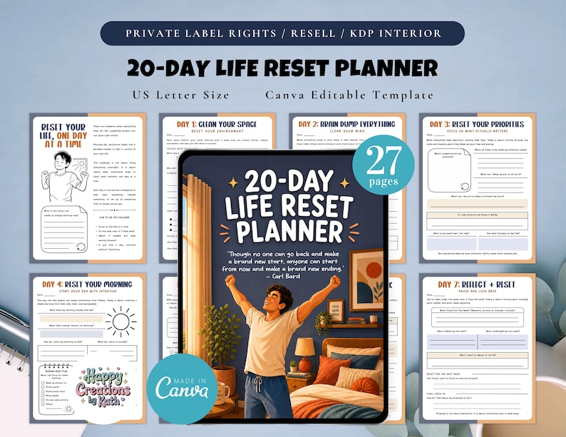 Op de afbeelding: Een 20-daagse Life Reset Planner in US Letter Size. De bewerkbare Canva-sjabloon bevat 27 pagina's met prompts voor dagelijkse reflectie en doelstellingen. De omslag toont een persoon met opgeheven armen, met de tekst "20-DAY LIFE RESET PLANNER".