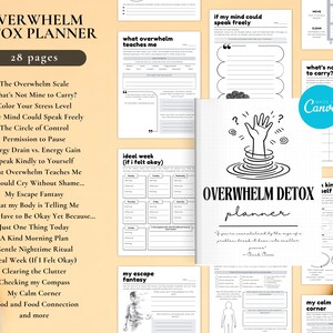 May include: A spiral-bound Overwhelm Detox Planner with 28 pages. The cover features the title and a graphic of a hand emerging from swirling lines. Inside, pages offer prompts for self-reflection, including sections on stress levels, and daily planning.