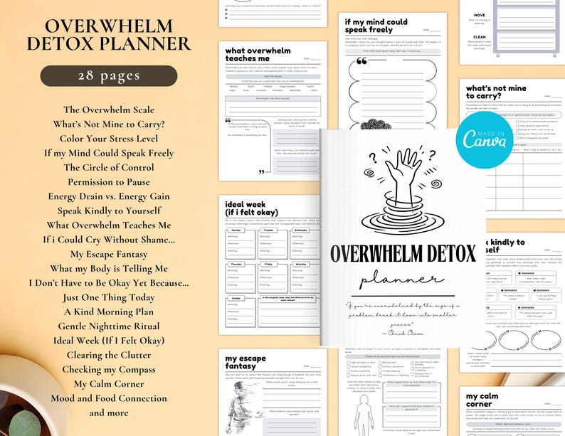 May include: A spiral-bound Overwhelm Detox Planner with 28 pages. The cover features the title and a graphic of a hand emerging from swirling lines. Inside, pages offer prompts for self-reflection, including sections on stress levels, and daily planning.
